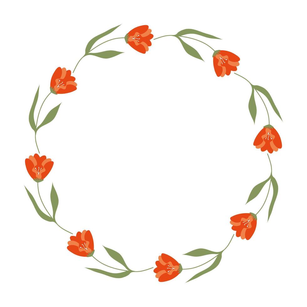 Doodle spring Floral Wreath made of orange flowers in circle. Hand drawn elegant minimalist botanical element. Round frame or border with place text, quote or logo in flat style. vector