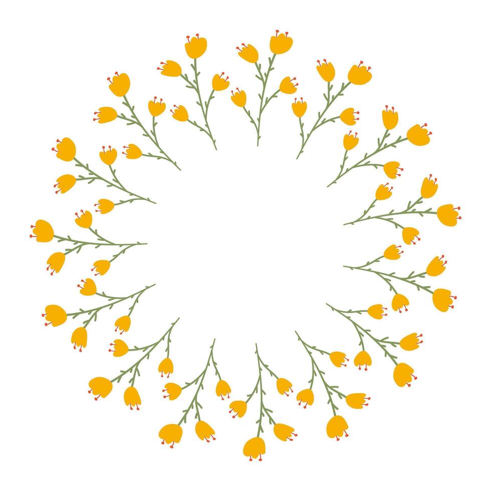 Hand drawn minimalist spring Flowers. Doodle Floral Wreath made of yellow Tulips in circle. Round summer frame or border with place text, quote or logo in flat style. vector