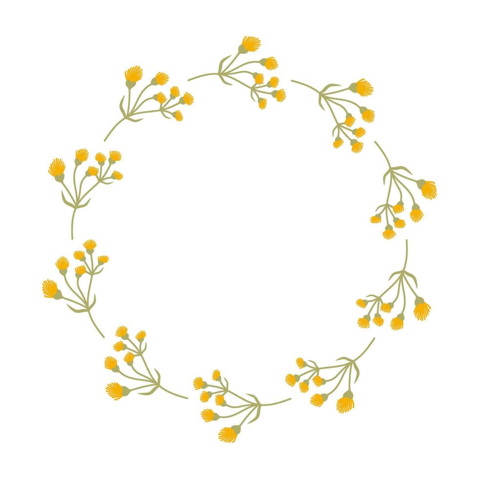 Doodle Floral Wreath made of yellow Flowers in circle. Hand drawn minimalist spring botanical element. Round summer frame or border with place text, quote or logo in flat style Women Mother Day vector