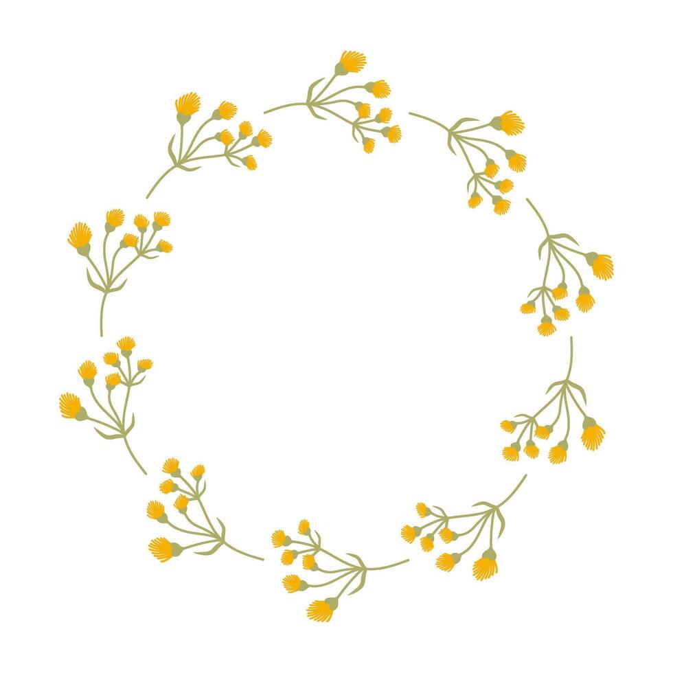 Doodle Floral Wreath made of yellow Flowers in circle. Hand drawn minimalist spring botanical element. Round summer frame or border with place text, quote or logo in flat style Women Mother Day vector