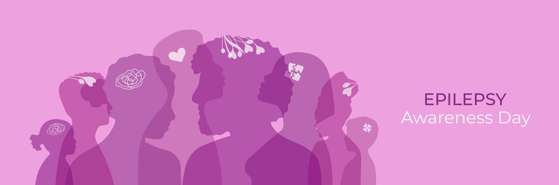 Purple Day banner. World Epilepsy Awareness month background with various silhouettes of adults and children of different nationalities and appearances. Diversity people contour in flat style. vector