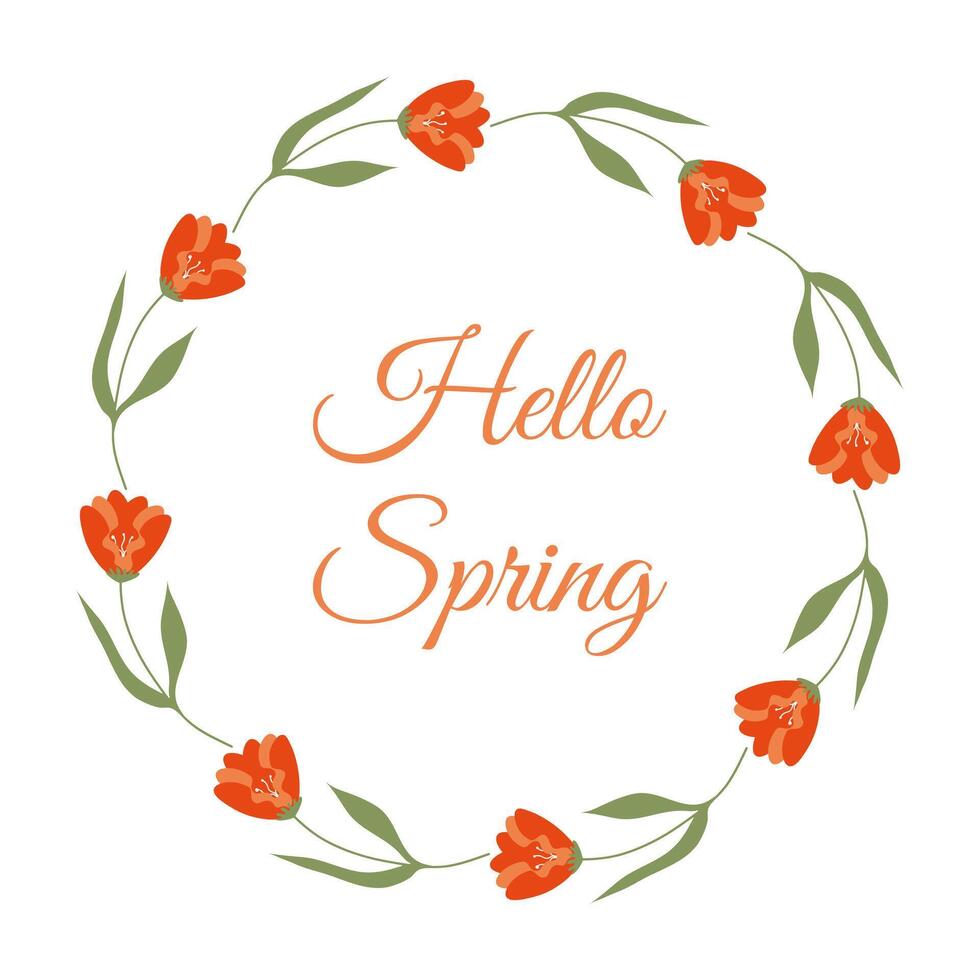 Hello Spring lettering in minimalist floral Wreath. Hand drawn frame with elegant Yellow flowers. Flat Springtime decoration elements for invitation cards posters with copy space. vector