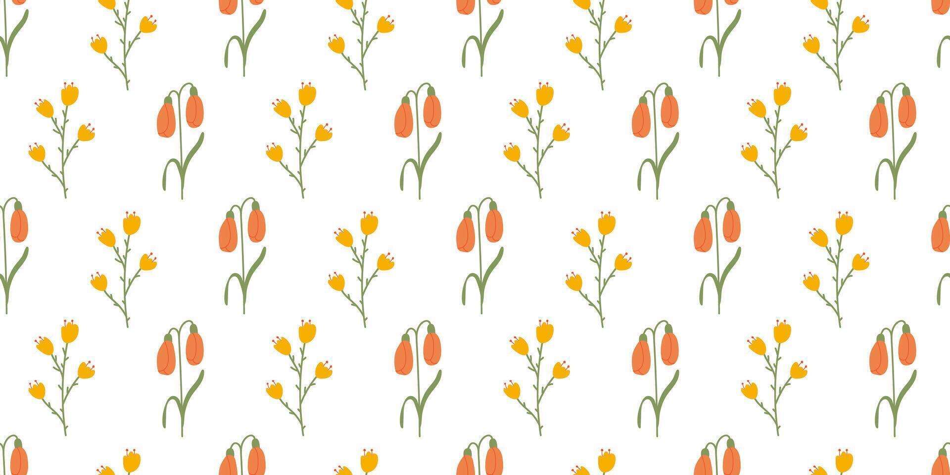 Flower spring seamless Pattern on white background. Floral repeating design for print. Flat summer vector texture. Botanical minimalistic Nature orange yellow background for textile and wrapping.