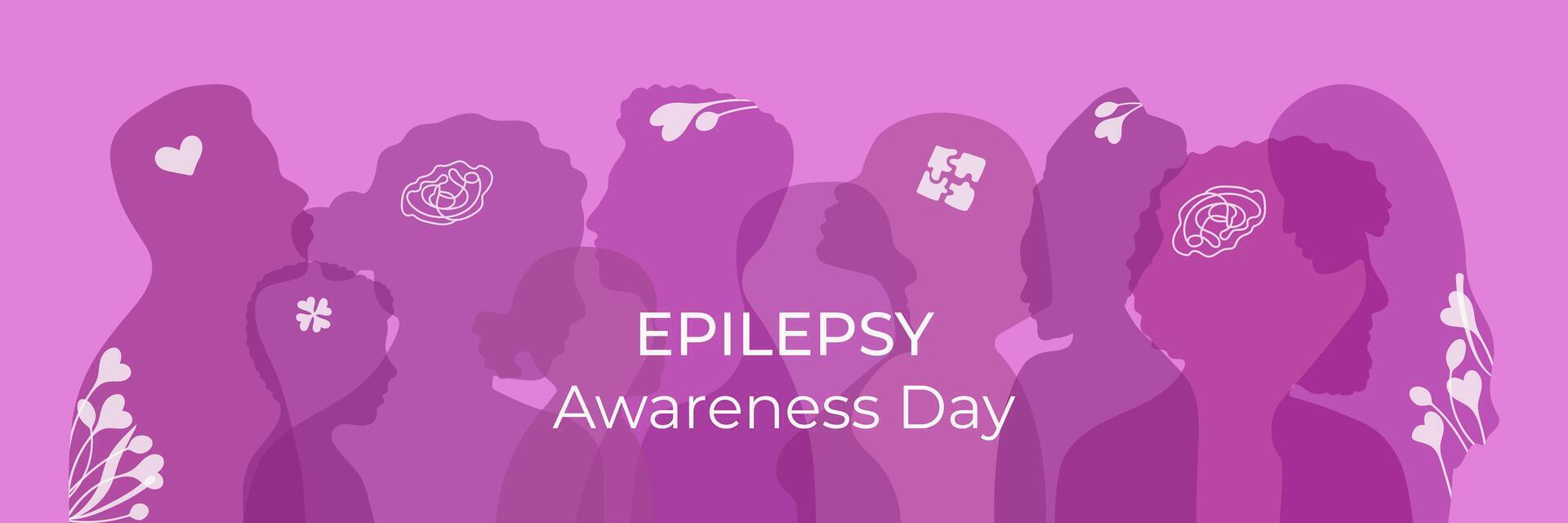 mundo epilepsia conciencia púrpura día bandera. varios siluetas de adultos y niños de diferente nacionalidades y apariciones. bienestar presentación. diversidad personas contorno en plano estilo. vector