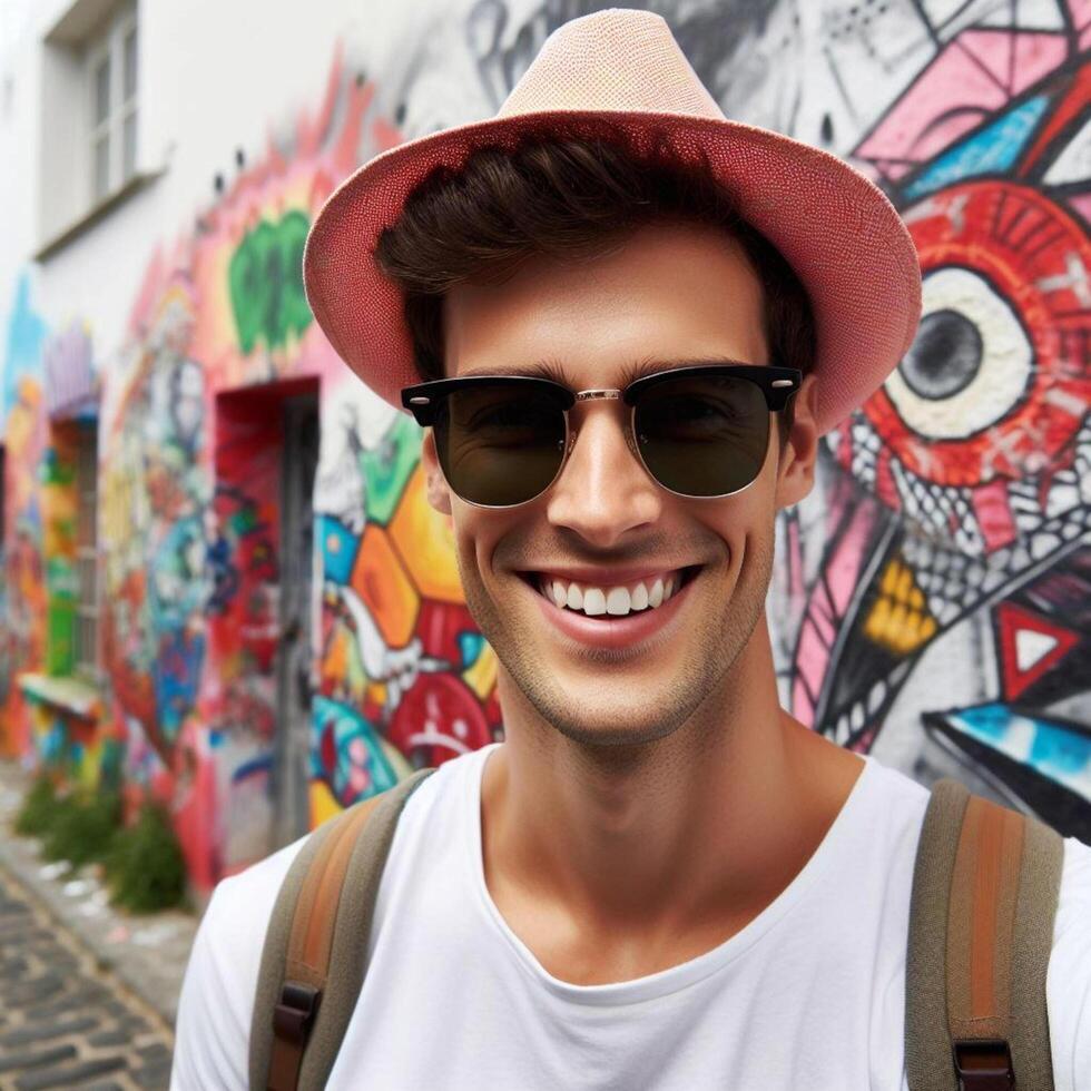 AI generated A man smiling with a colorful hat and sunglasses in front of a graffiti wall. photo