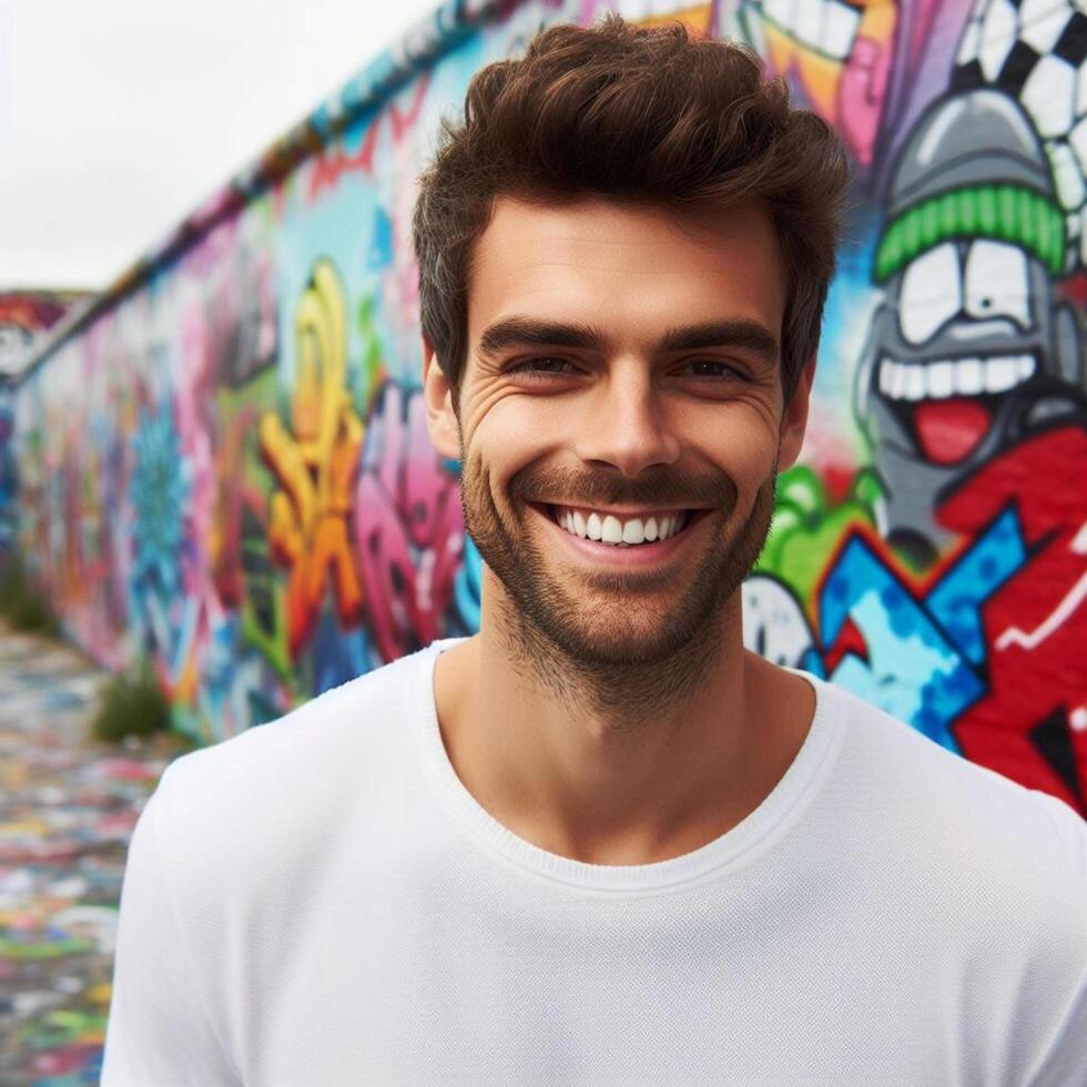 AI generated A man with short brown hair smiling in front of a colorful graffiti wall photo