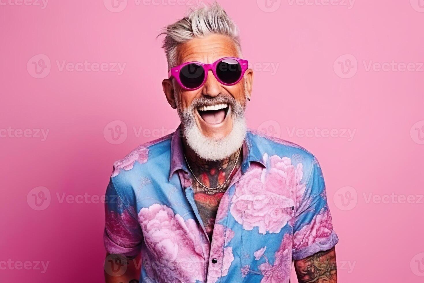 AI generated Happy smiling laughing senior mature man with gray hairs and beard, wearing pink sunglasses photo