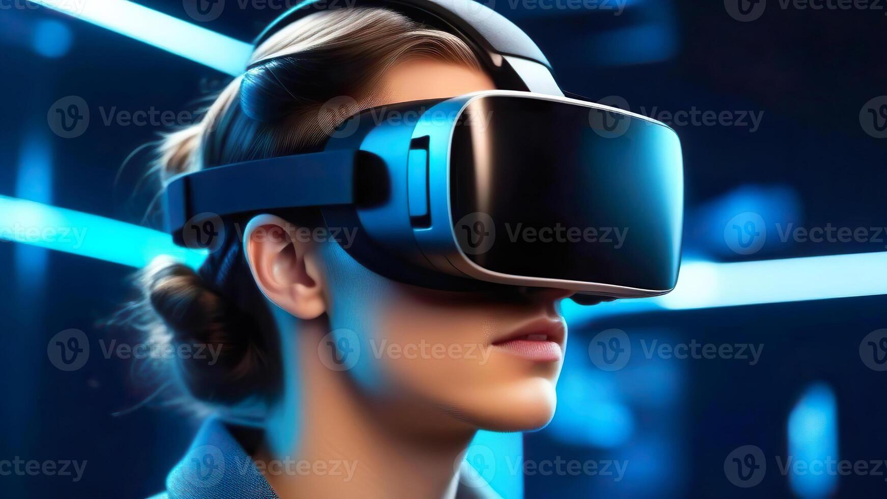 AI generated Woman wearing VR glasses looking in future. AR goggles. Virtual reality headset photo