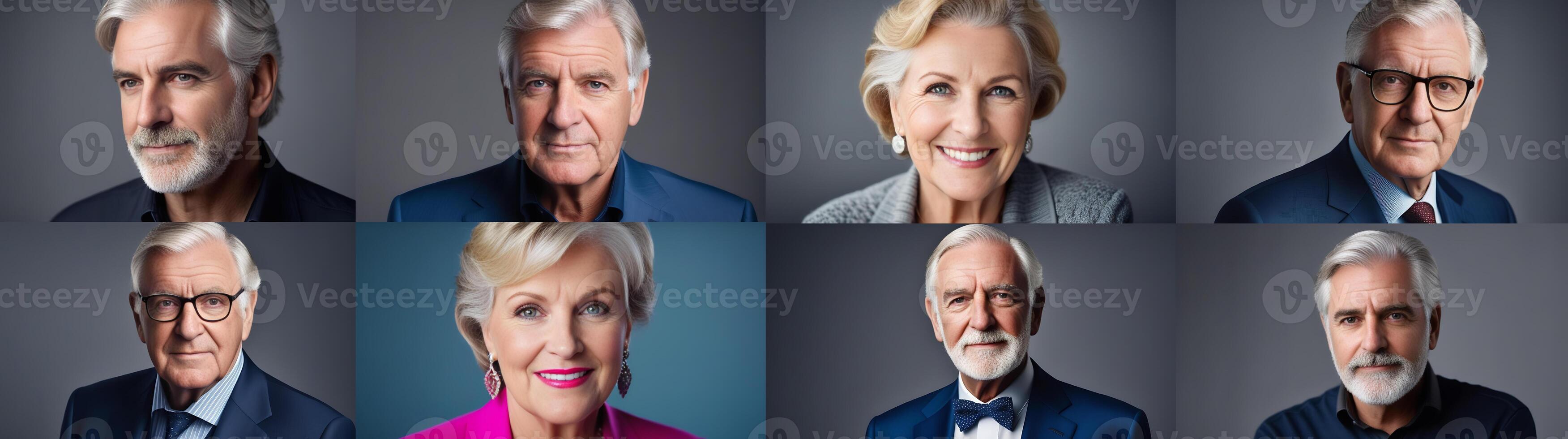 AI generated Senior old business people portrait set, grid. Elder gray-haired men, women smiling photo