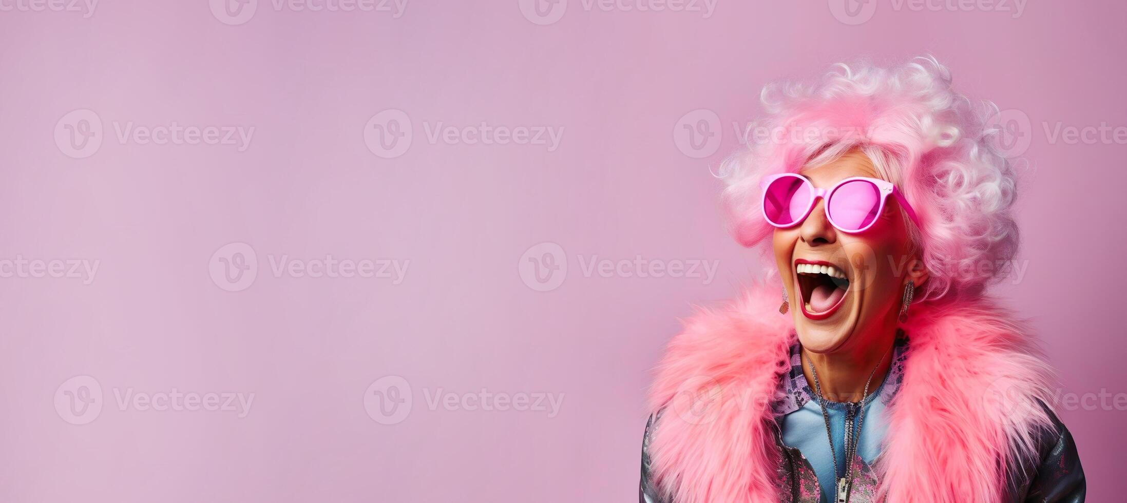 AI generated Happy laughing funny woman of old senior age, pink banner background with copy space photo