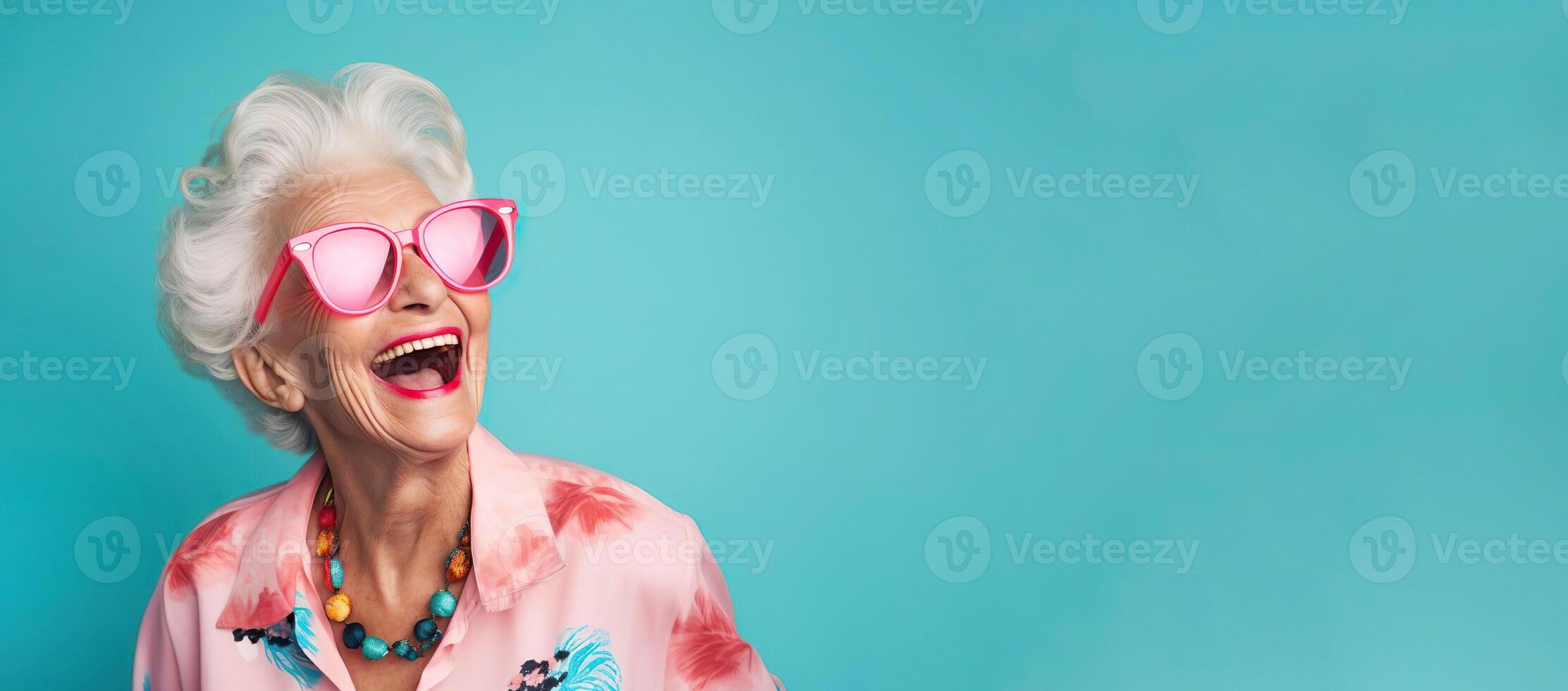 AI generated Happy old senior woman. Joyful elderly lady in bright pink clothes, banner background photo