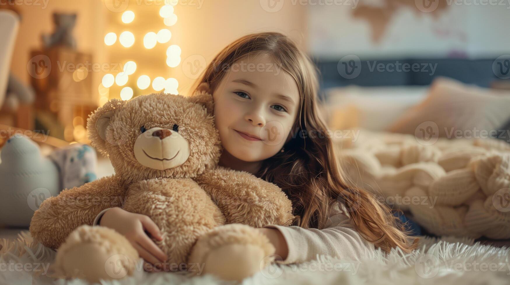 AI generated Caucasian girl with long hair playing with a cute teddy bear in a cozy, modern-style playroom. The atmosphere radiates warmth photo