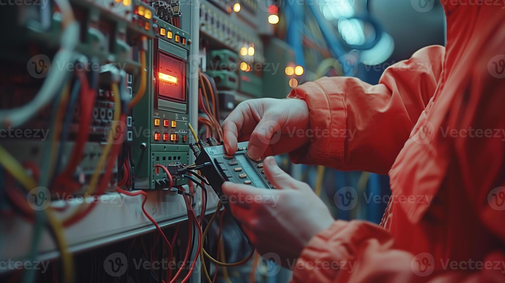 AI generated Electrical engineers use multimeters to test the installation of electrical systems and electrical currents in control cabinets photo