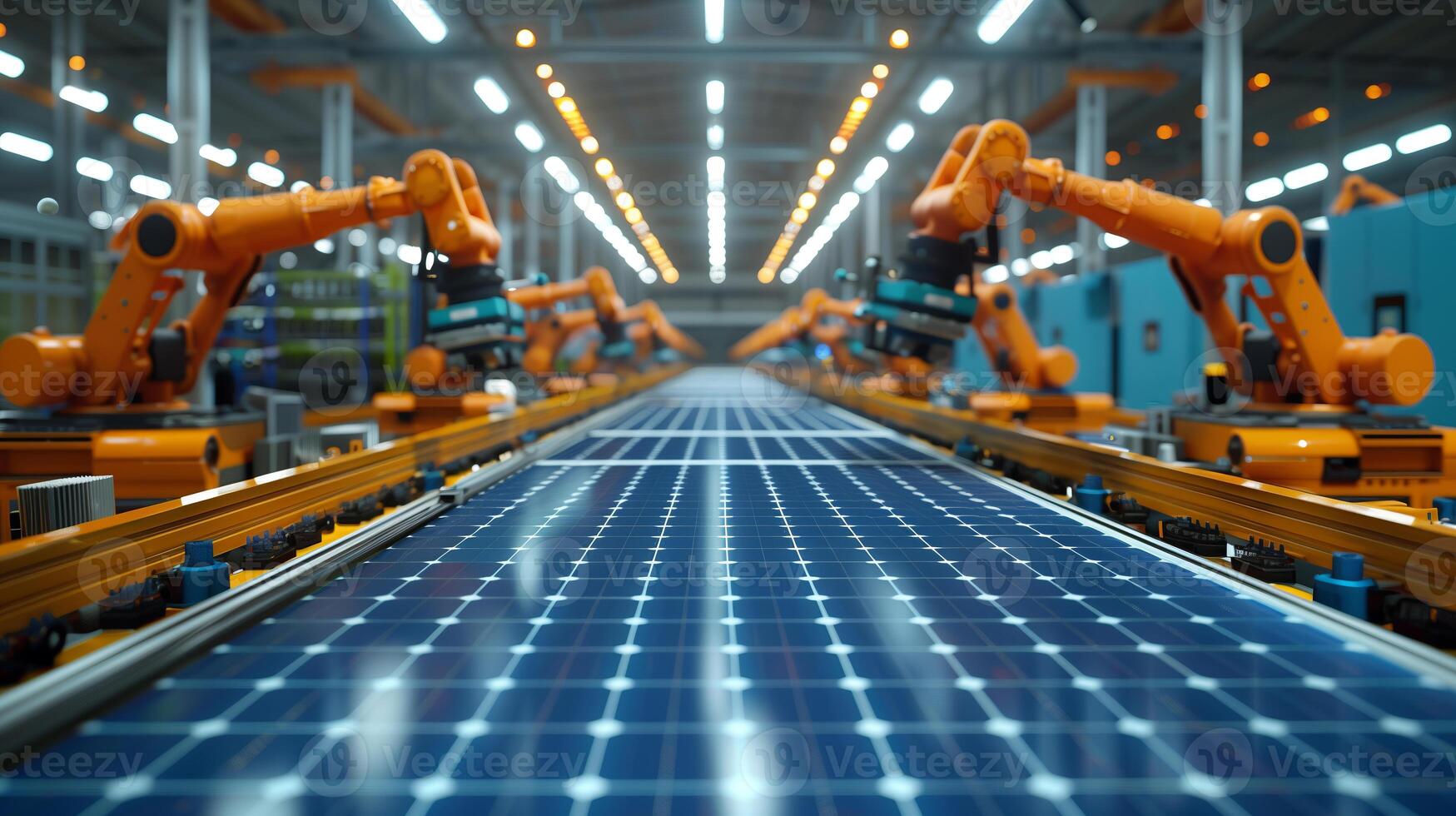 AI generated Large Production Line with Industrial Robot Arms at Modern Bright Factory. Solar Panels are being Assembled on Conveyor. Automated Manufacturing Facility photo