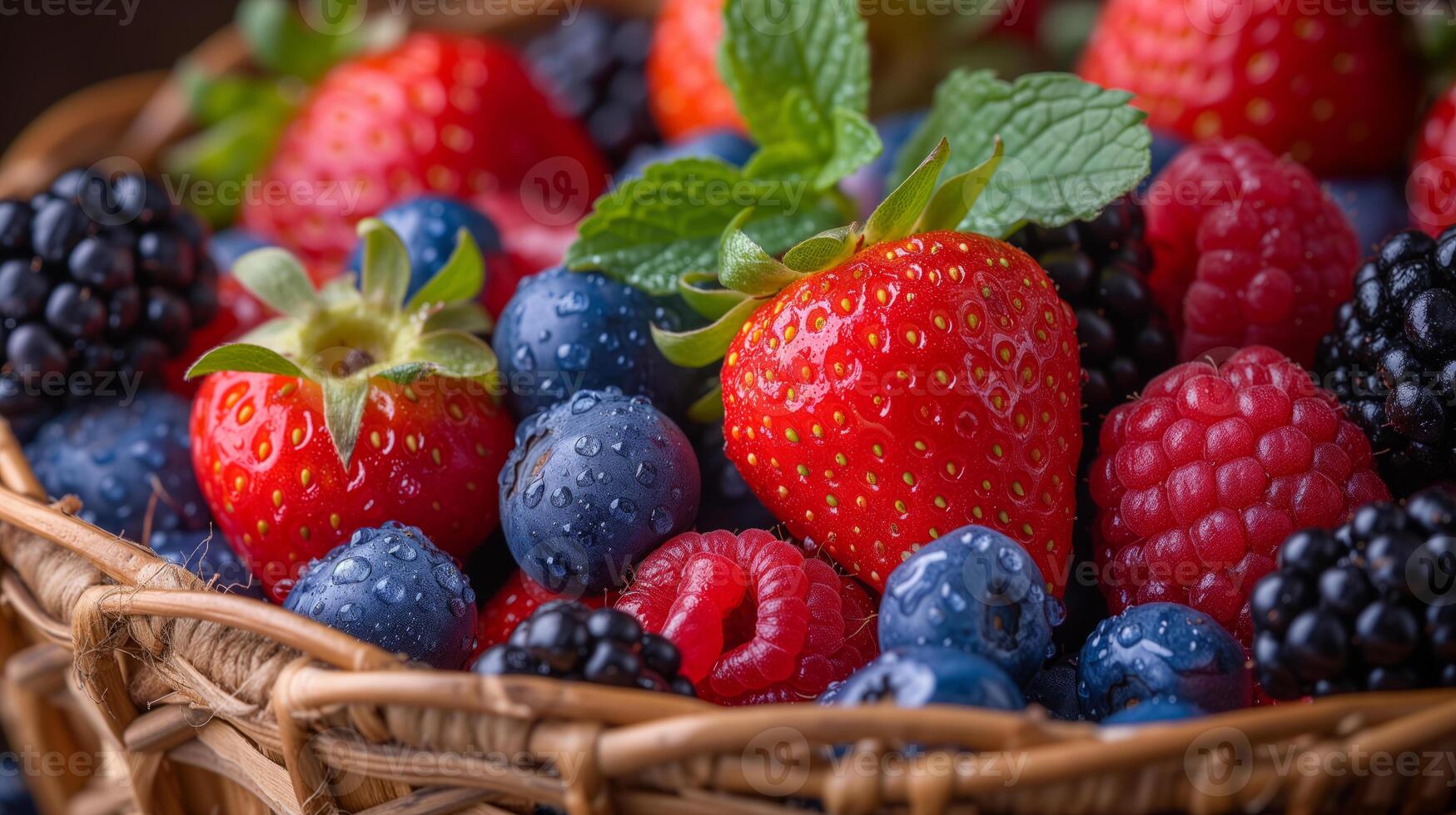 AI generated Close up of vibrant collection of fresh berries, including strawberries, blueberries, raspberries, and blackberries, beautifully arranged in a wicker fruit basket. photo