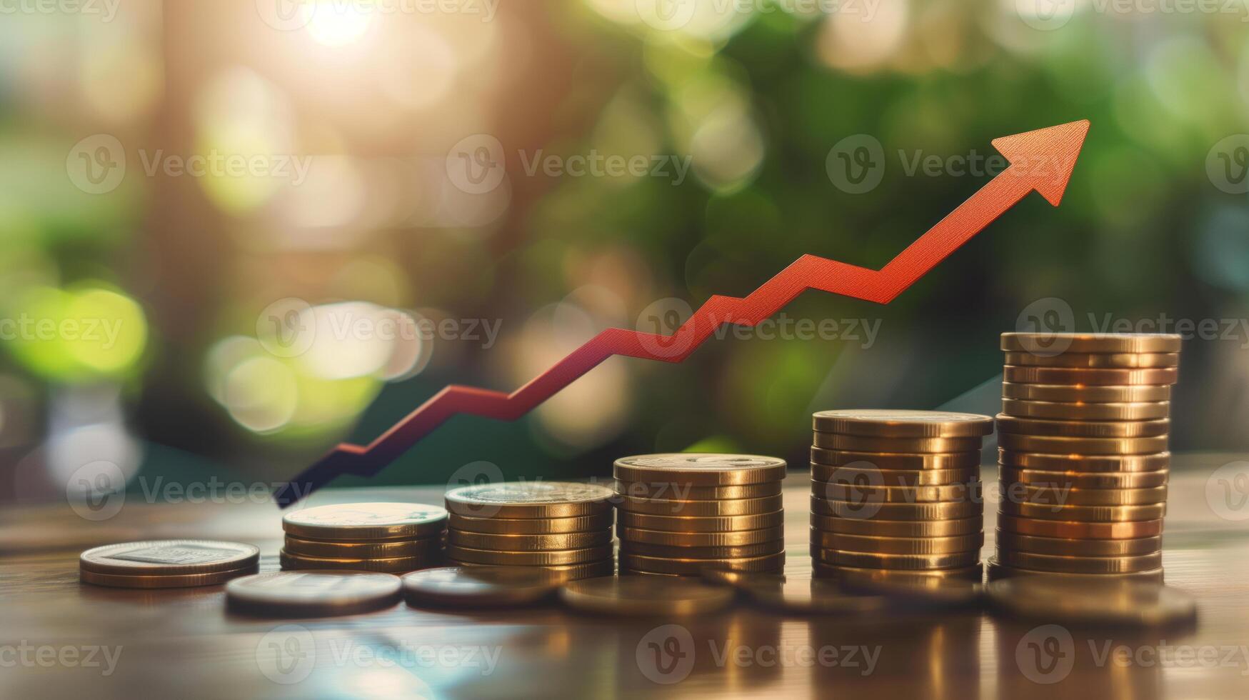 AI generated step of coins stacks with red arrow sign on natural warm background, money saving and investment or family planning concept. photo