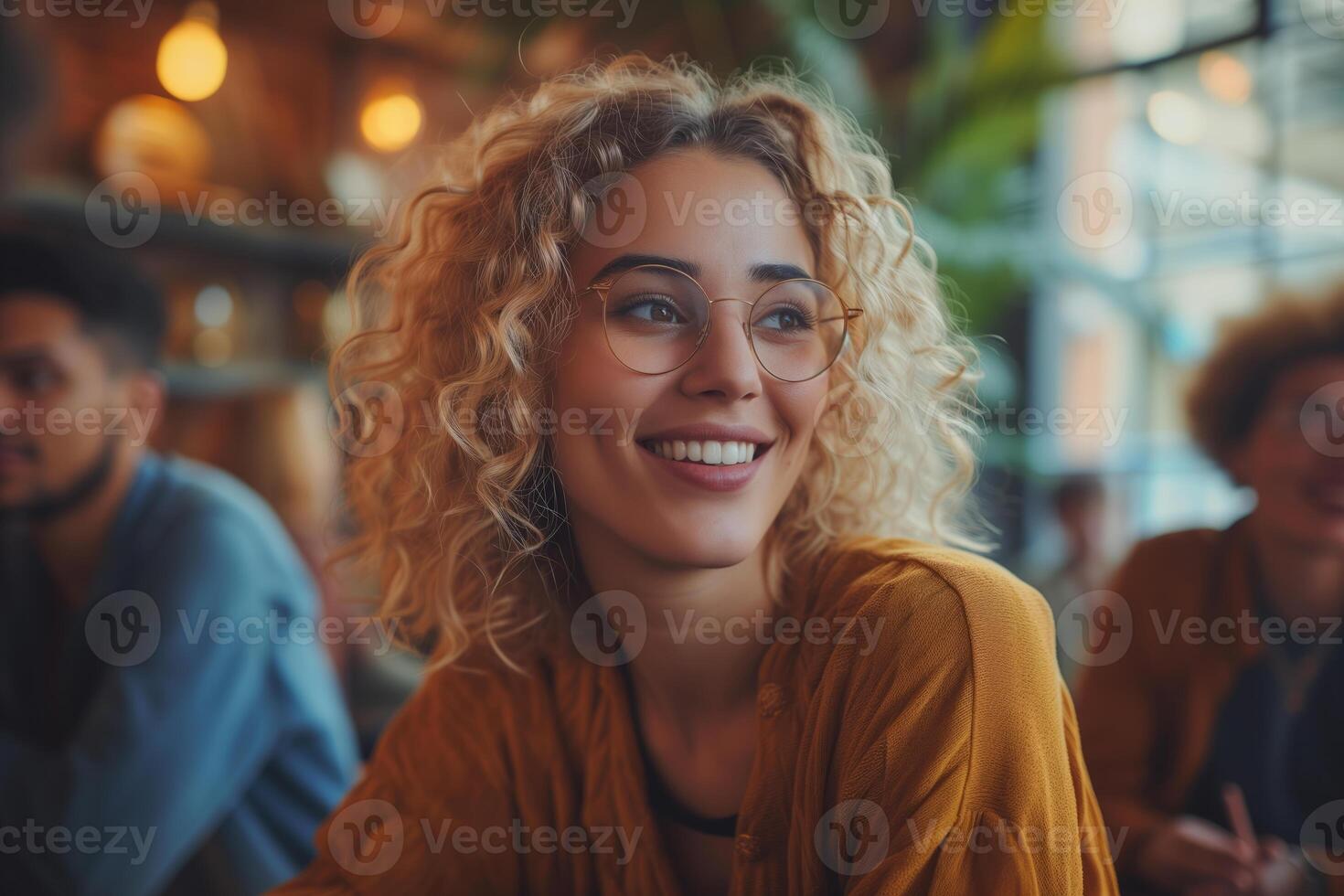 AI generated Young woman employee wearing glasses smiling in a modern cozy meeting room, with a relaxed work-life balance atmosphere. photo