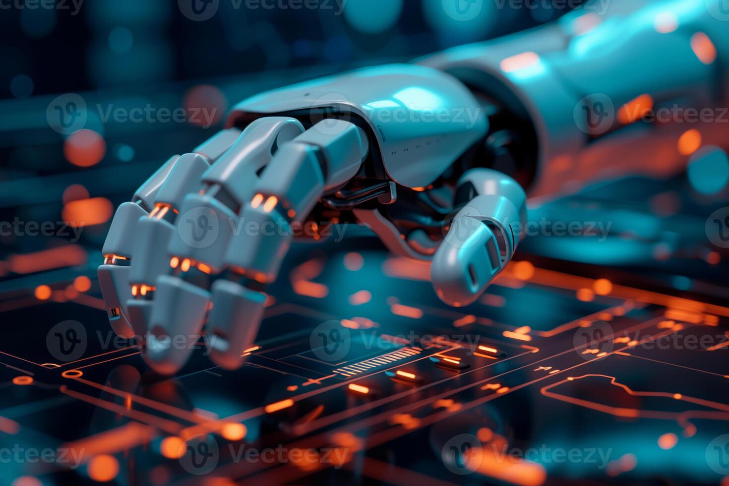 AI generated Shiny white robot hand assisting humans with advanced tasks, futuristic theme photo