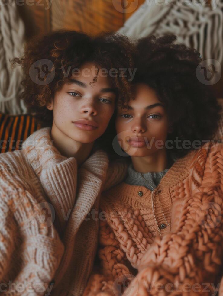 AI generated Happy lesbian couple in cozy peach color outfits enjoying a TV series in a relaxed living room photo
