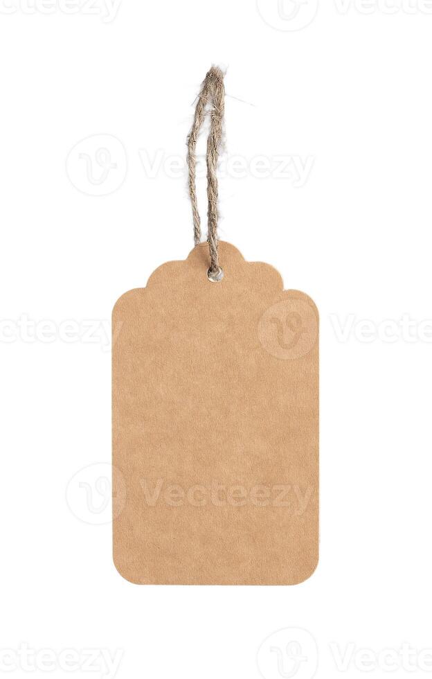 Kraft tag, brown beige eco label with string loop, rustic twine isolated on white photo