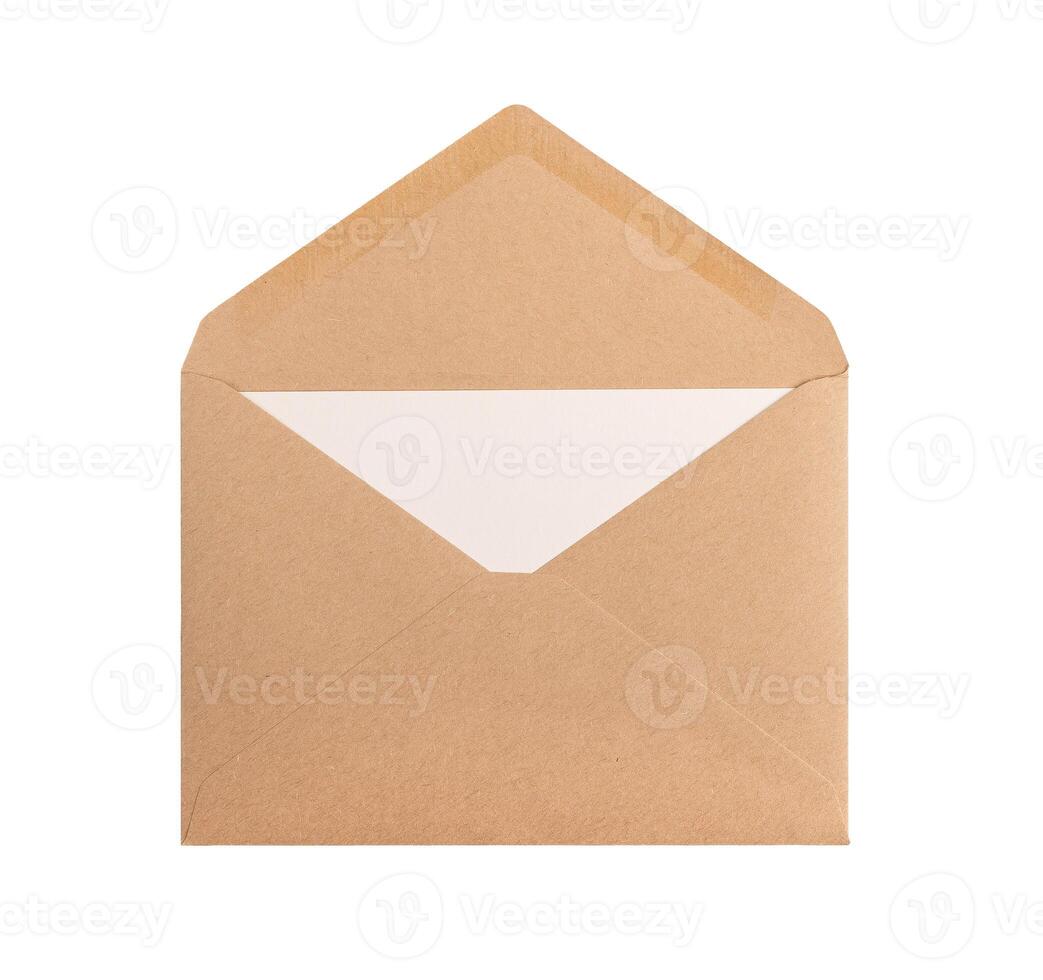 Open kraft paper envelope with letter, card inside isolated on white background photo