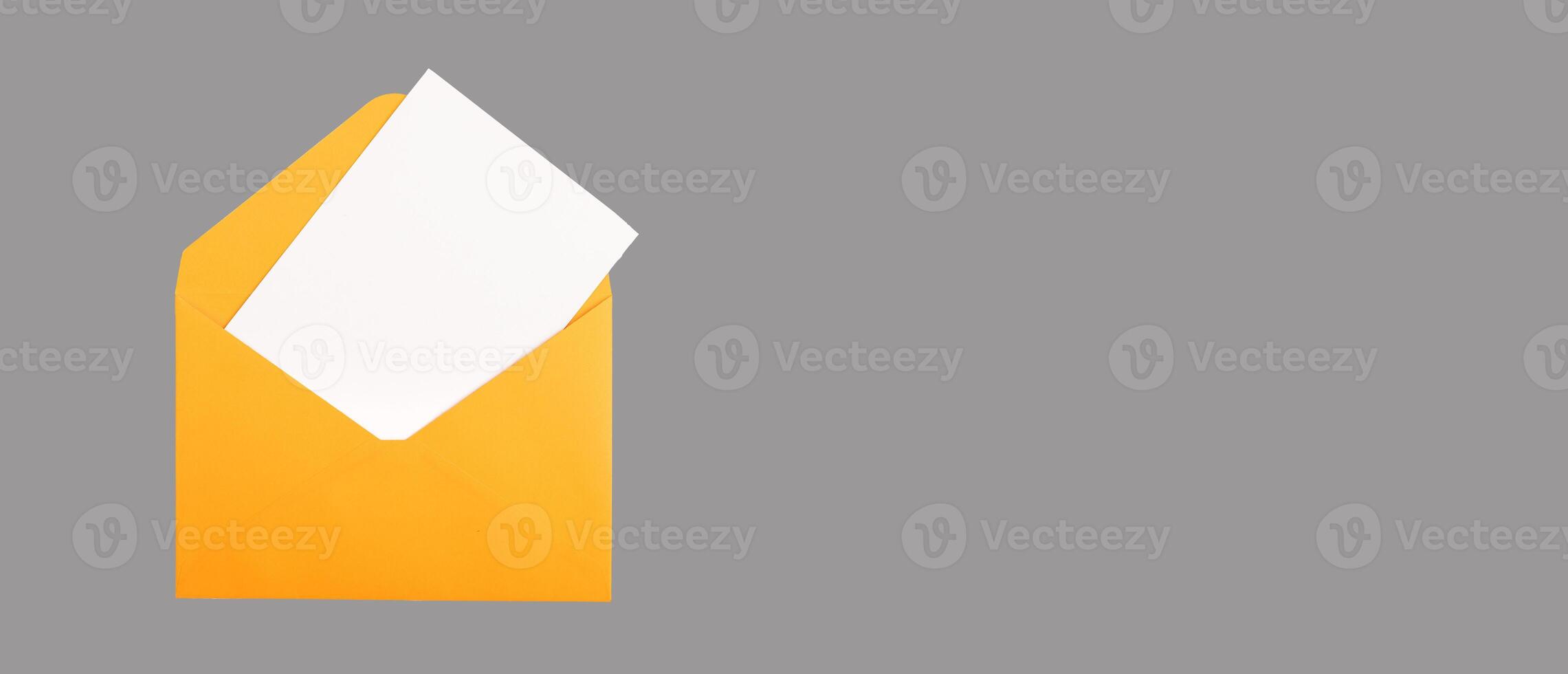 White card, blank postcard mock up in open orange envelope. Banner background, copy space photo