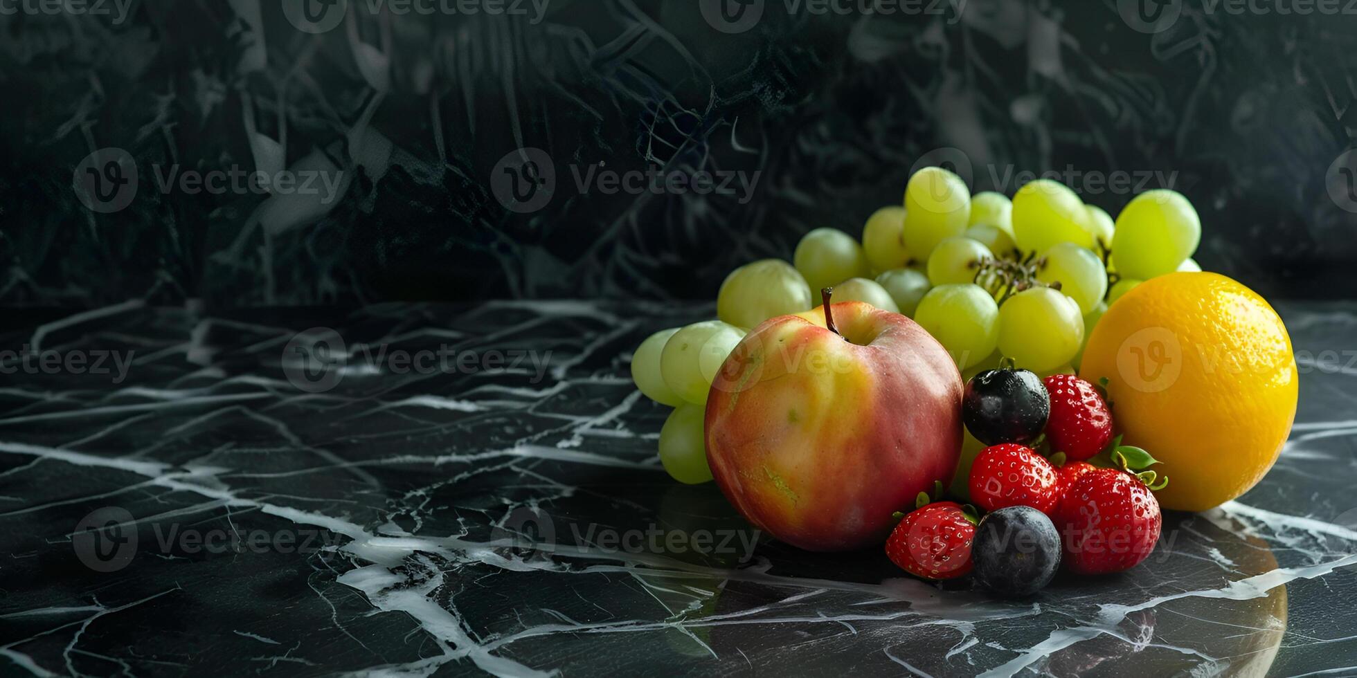 ai generado negro superficie mesa, minimalista decoración, frutas en el negro antecedentes foto