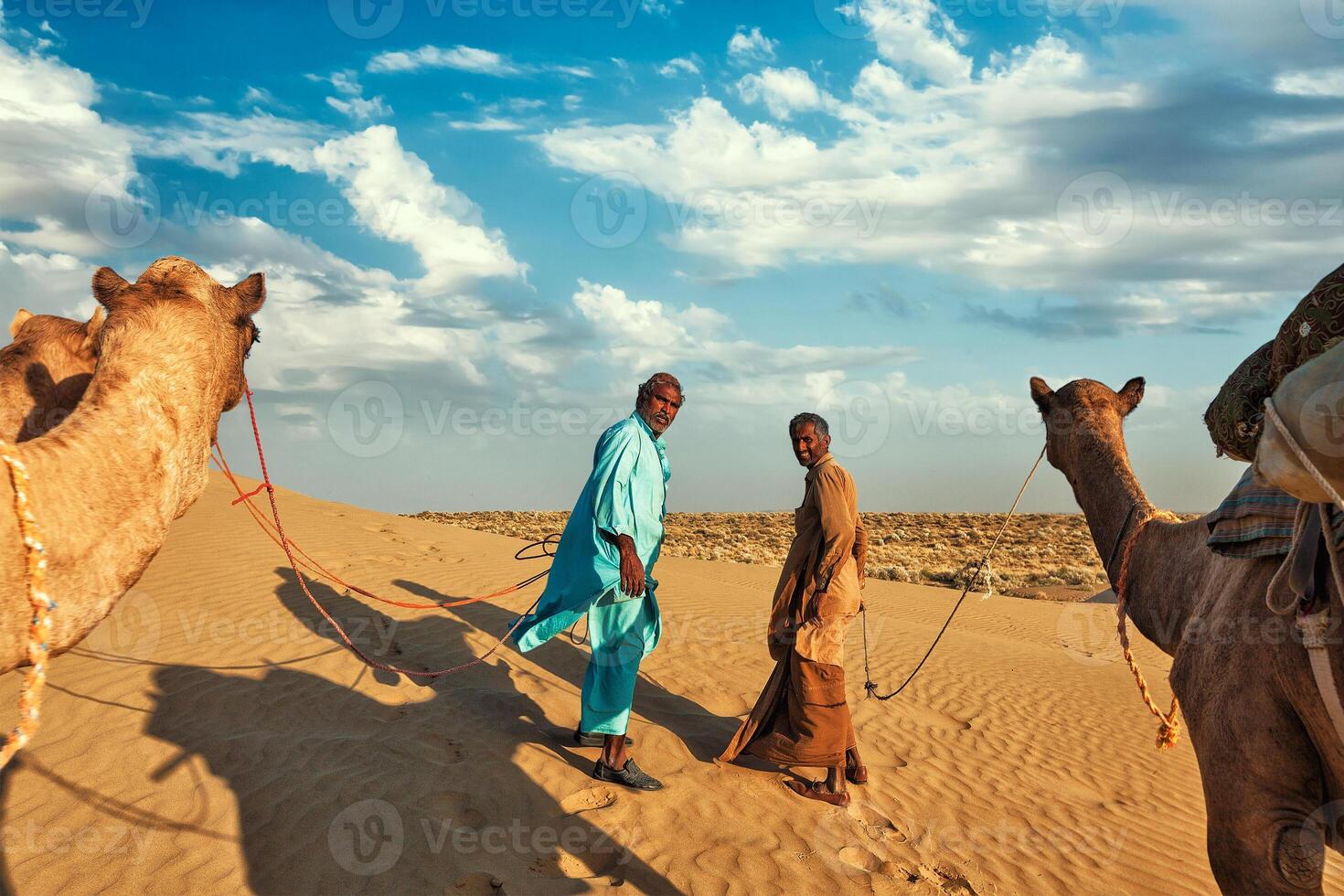 Two cameleers camel drivers with camels in dunes of Thar deser photo