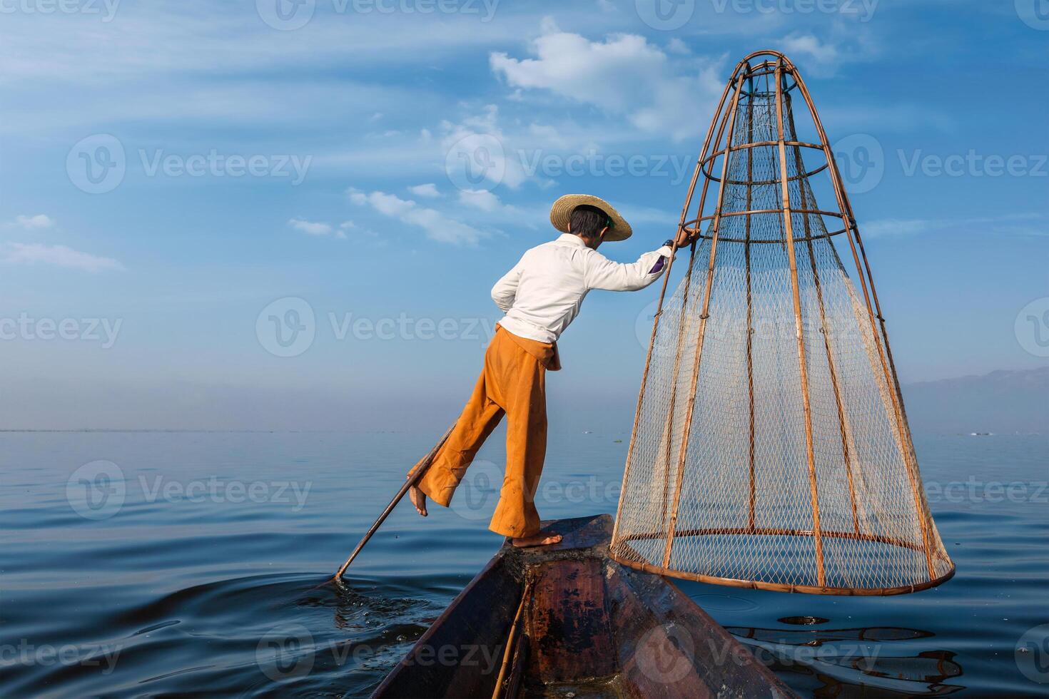 Traditional Burmese fisherman at Inle lake, Myanmar photo