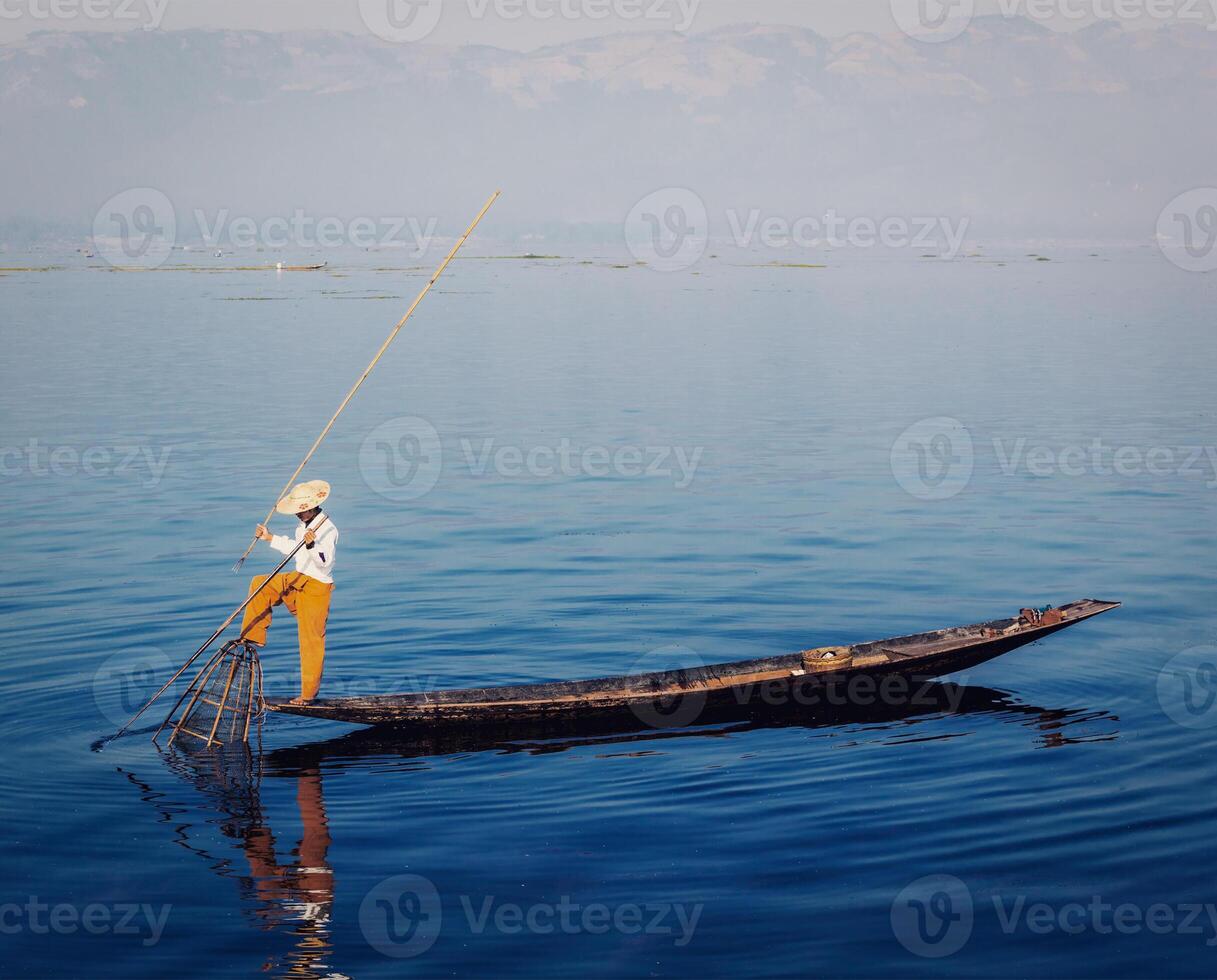 Traditional Burmese fisherman at Inle lake, Myanmar photo