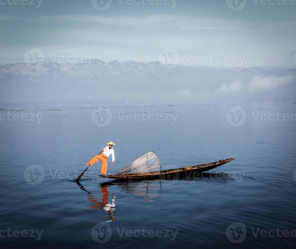 Traditional Burmese fisherman at Inle lake, Myanmar photo