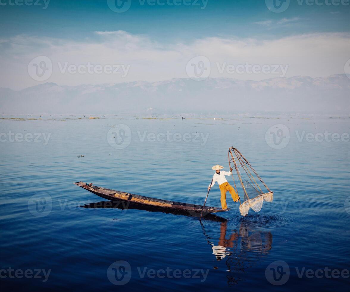 Traditional Burmese fisherman at Inle lake, Myanmar photo