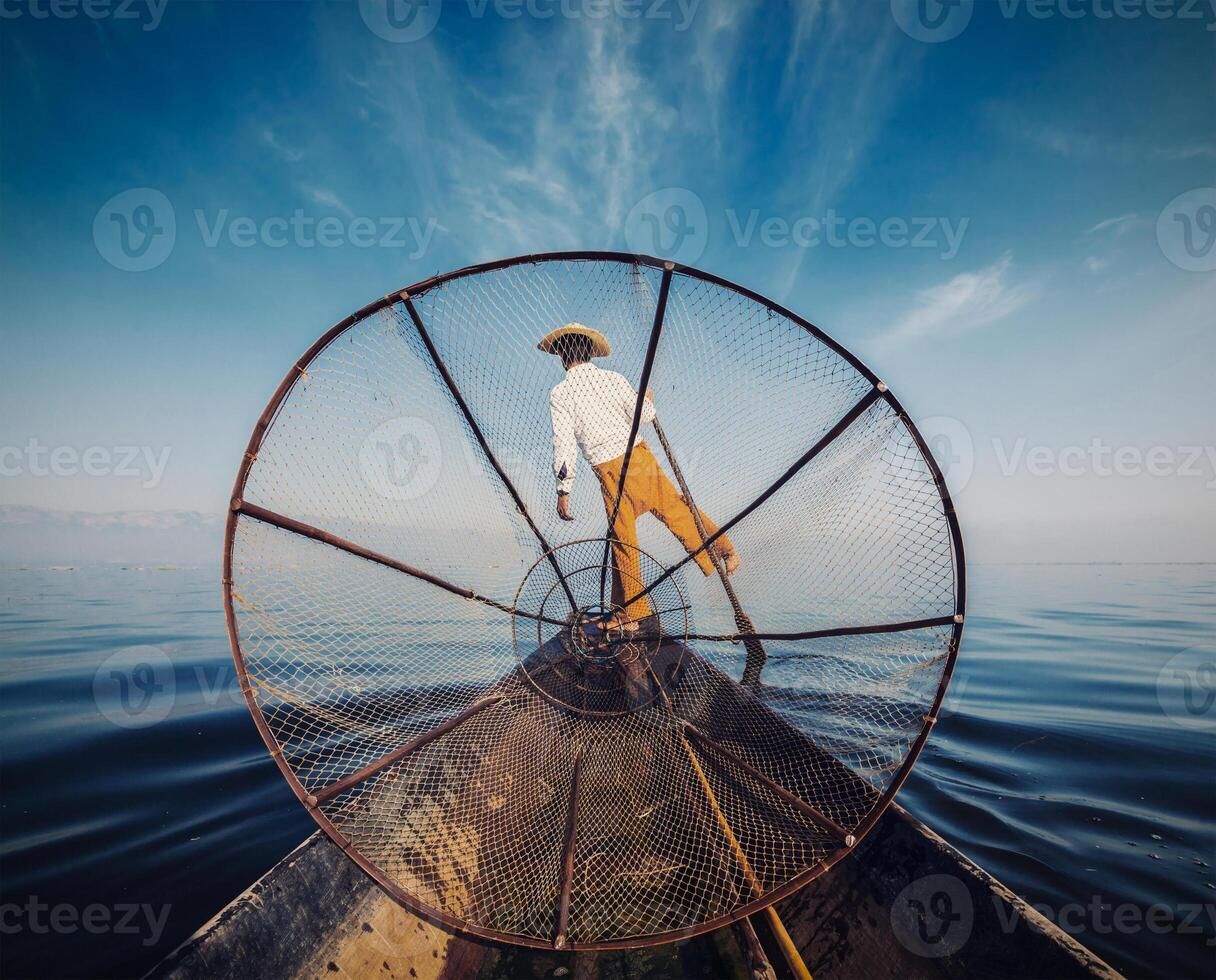 Traditional Burmese fisherman at Inle lake Myanmar photo