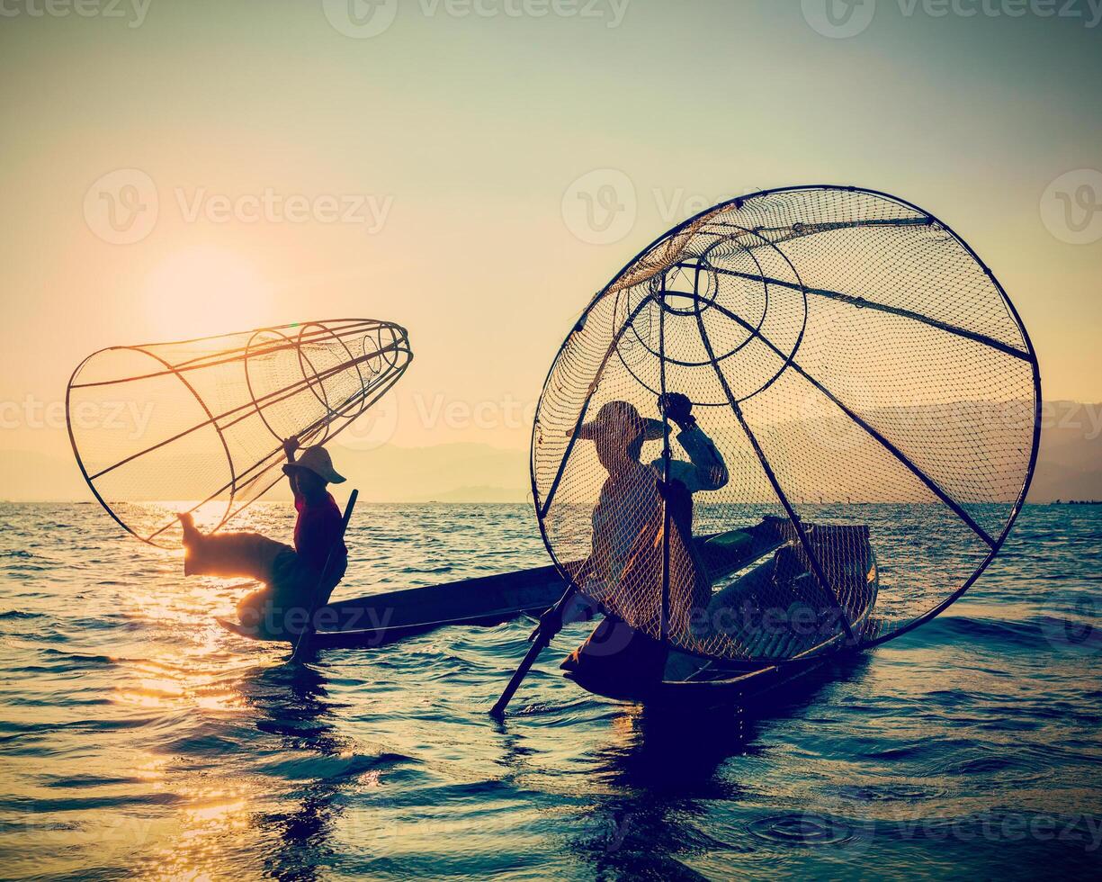 Traditional Burmese fisherman at Inle lake, Myanmar photo