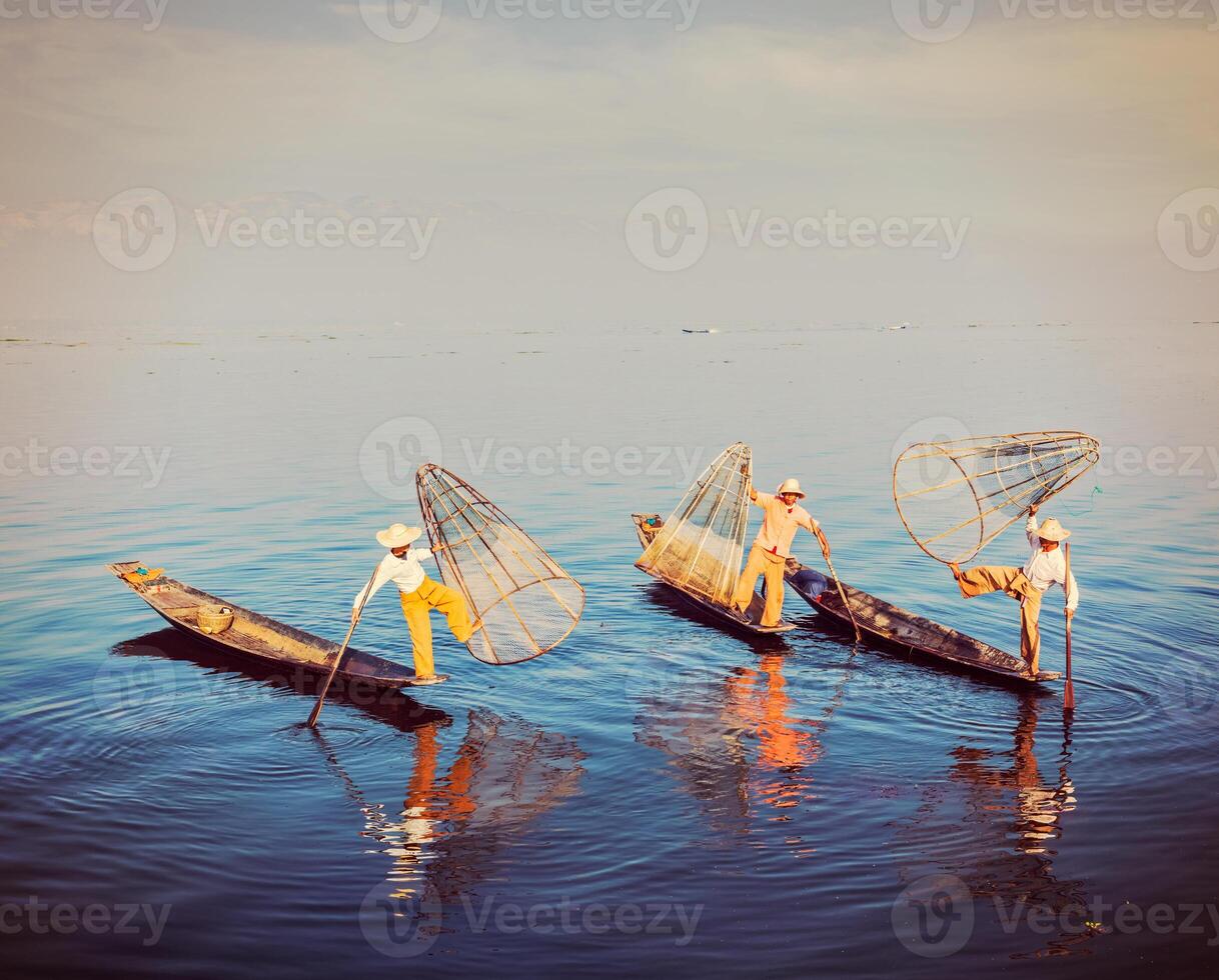 Traditional Burmese fisherman at Inle lake, Myanmar photo
