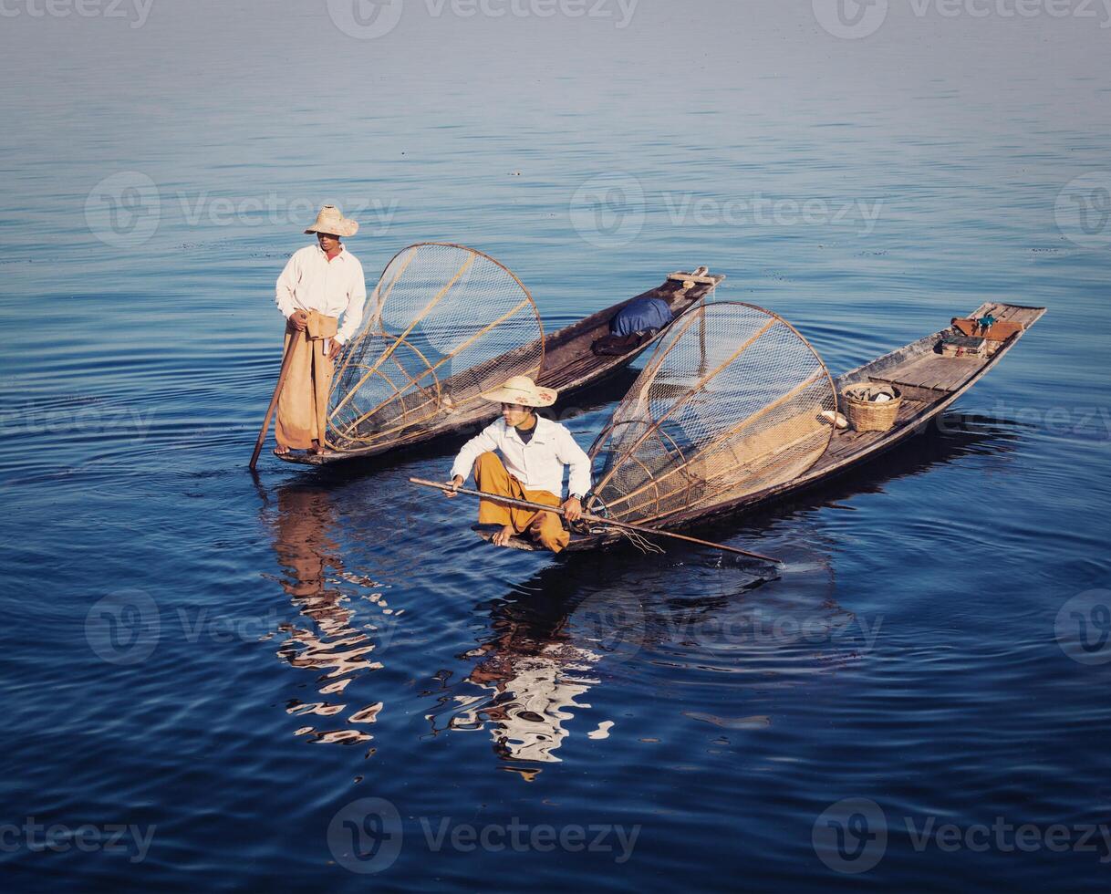 Traditional Burmese fisherman at Inle lake, Myanmar photo