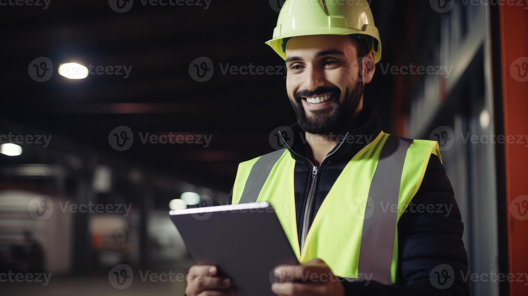 AI generated Smiling Portrait of a Beautiful Latin Female Industrial Engineer in White Hard Hat, High-Visibility Vest Working on Tablet Computer with copy space , photo