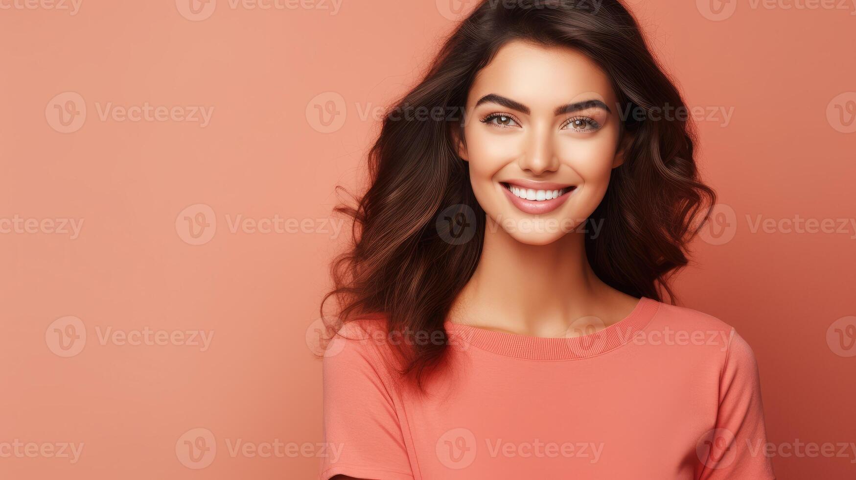 AI generated Close up photo of pretty cheerful lady stylish red clothes arm direct space beauty procedure isolated on pastel peach color background,