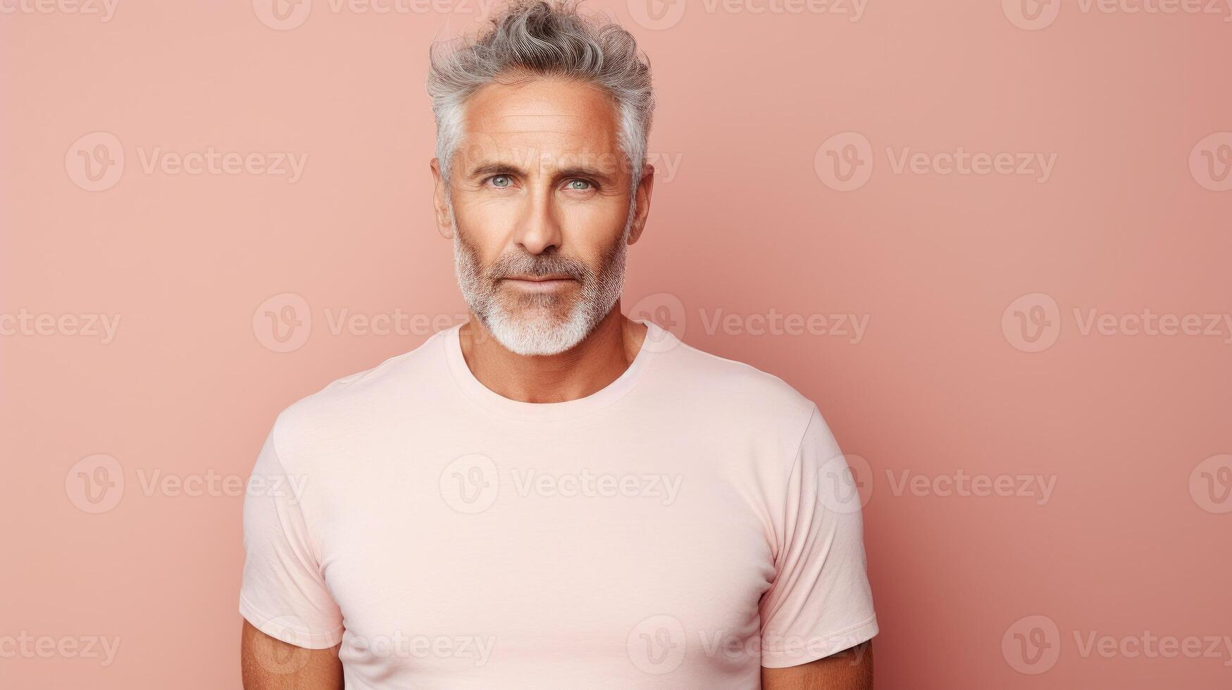 AI generated Feeling Passionated bearded middle-aged man in casual wearing white T-shirt on peach background, photo