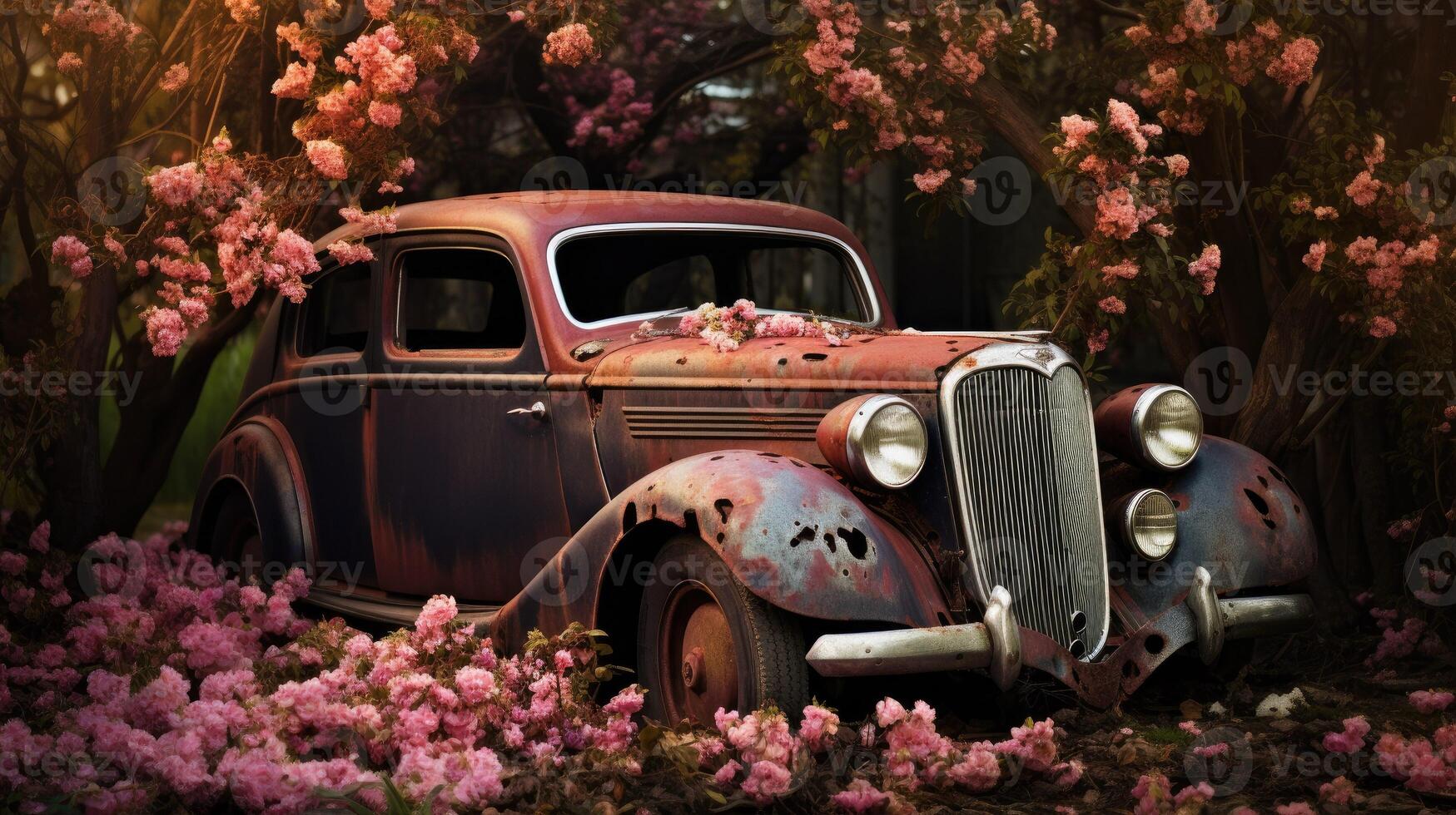 AI generated Very old car on a background of flowers, photo