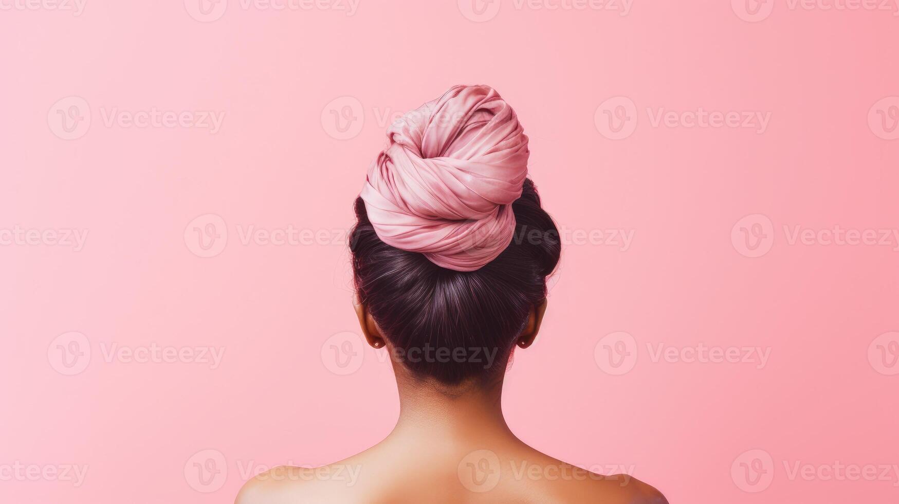 AI generated A view of the back of a woman's head. Hair wrapped in a bun on a light pink pastel background, photo