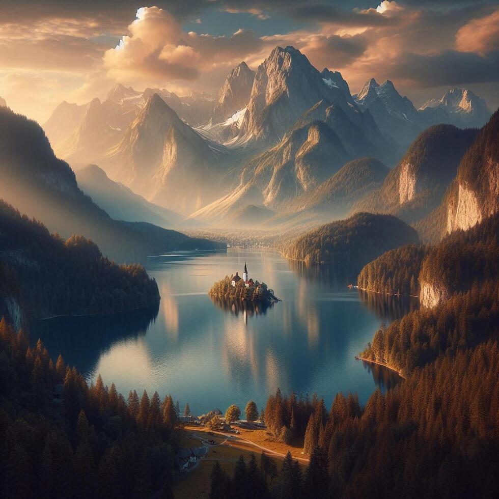 AI generated A lake with a mountain in the background photo