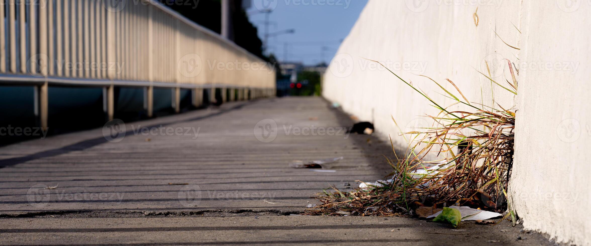 A wide low-angle view, A bridge or road with a fence, a grassy area with piles of debris on the walkway. photo
