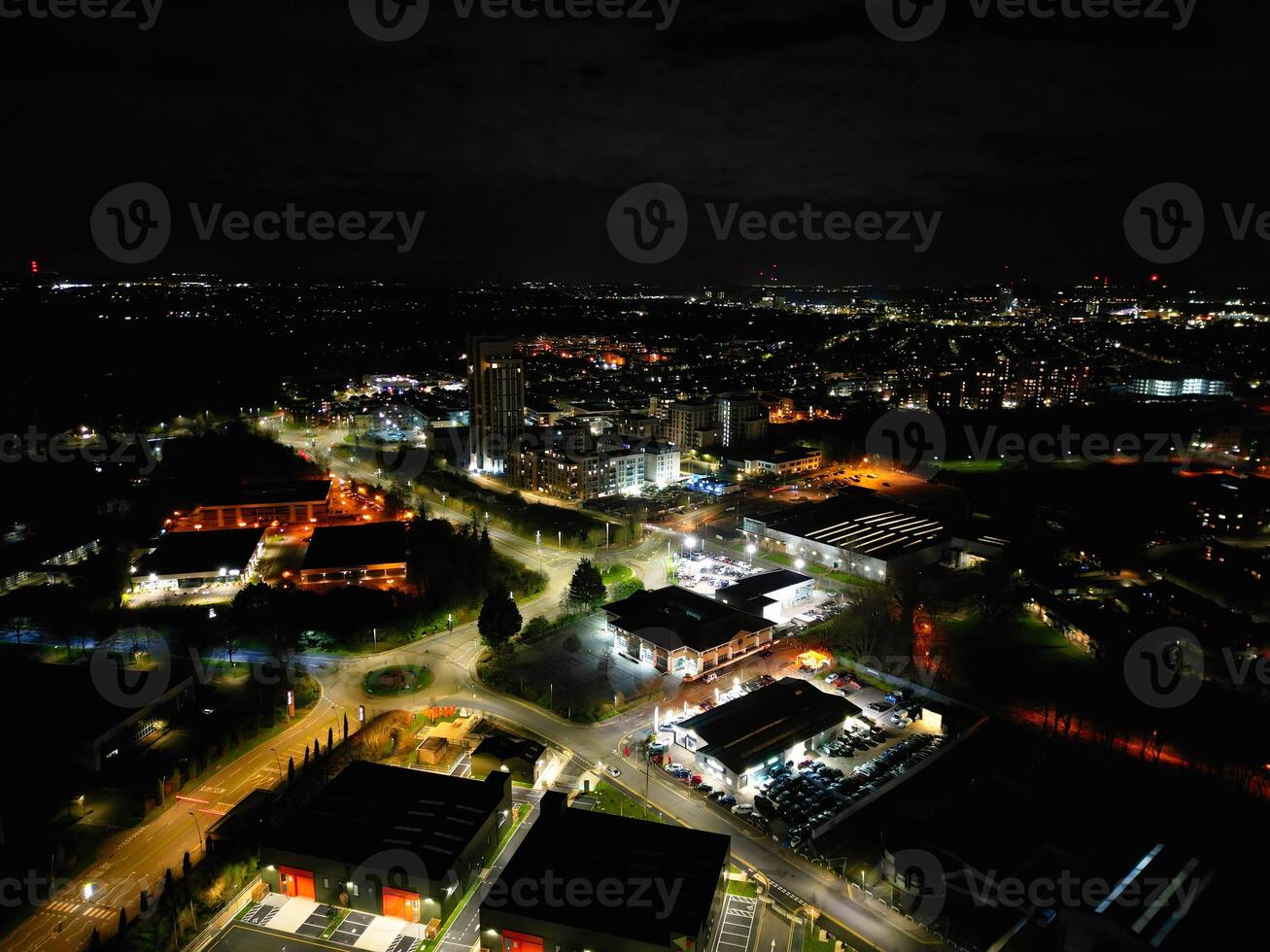 Aerial View of Illuminated Watford City of England UK at Night. March 3rd, 2024 photo