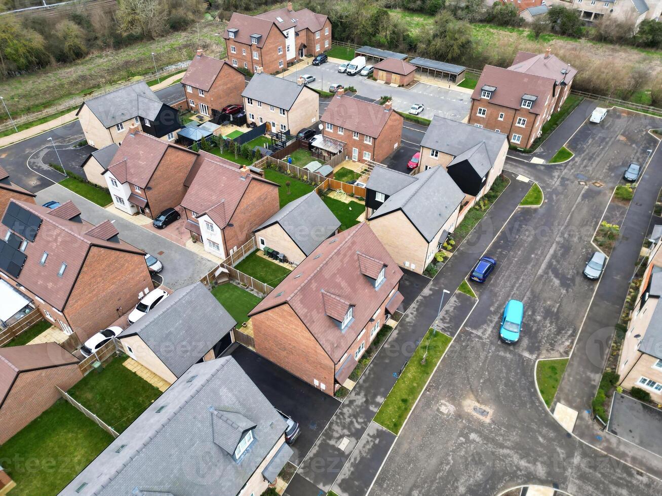 High Angle View of Arlesey Town of England UK. The Footage Was Captured During Cloudy and Rainy Day of Feb 28th, 2024 photo