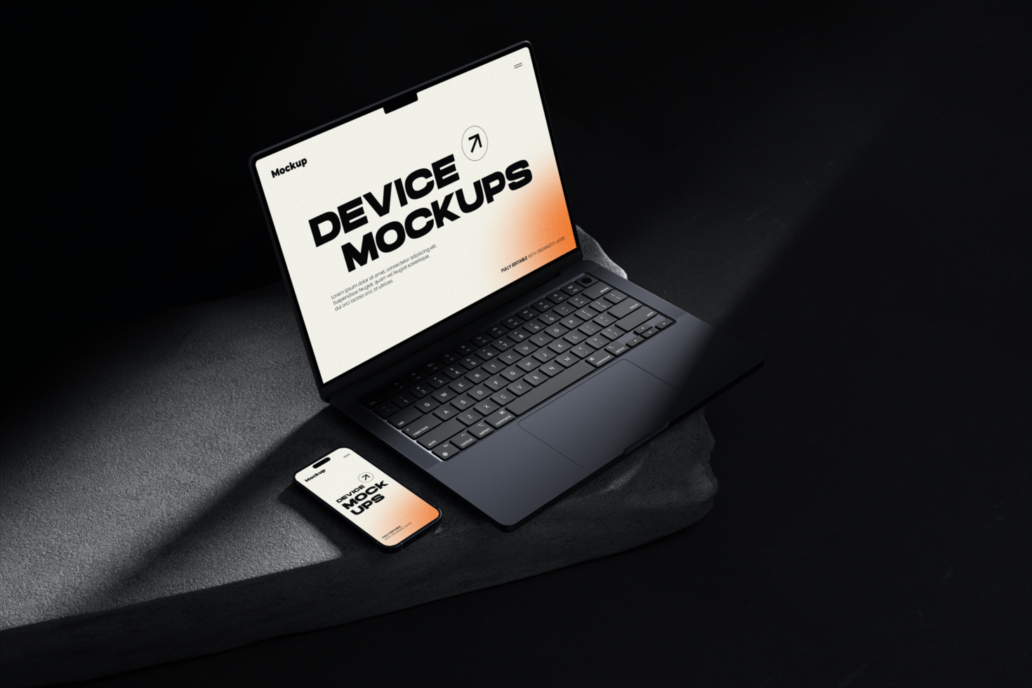 Laptop and phone mockup on concrete stone psd