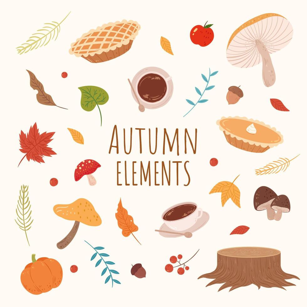 Set of autumn elements in cute hand drawn design, isolated on yellow background, perfect for card decoration vector