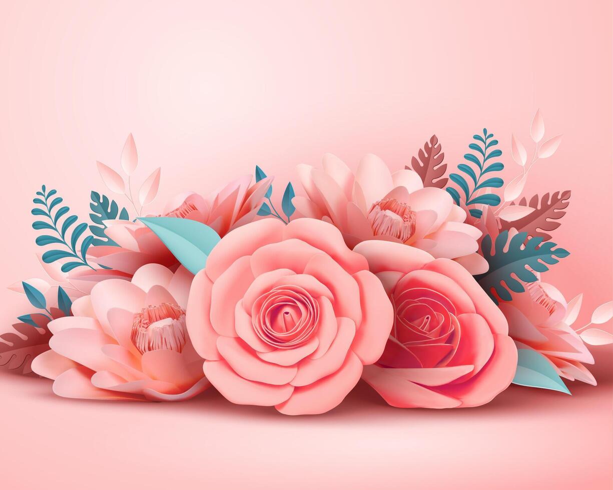 Paper rose flower decorations in 3d illustration vector