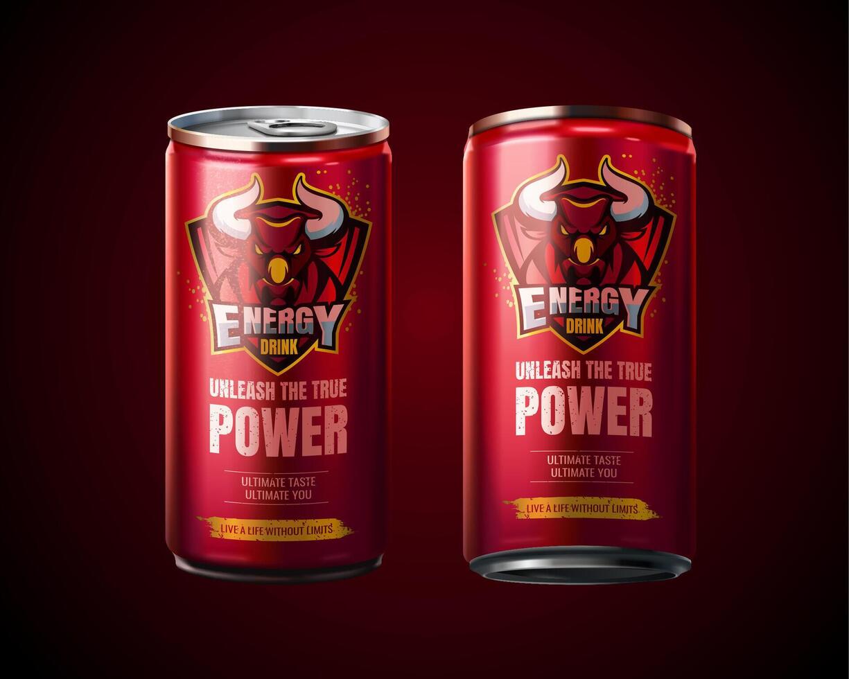 Energy drink metal can package design on red background in 3d illustration vector