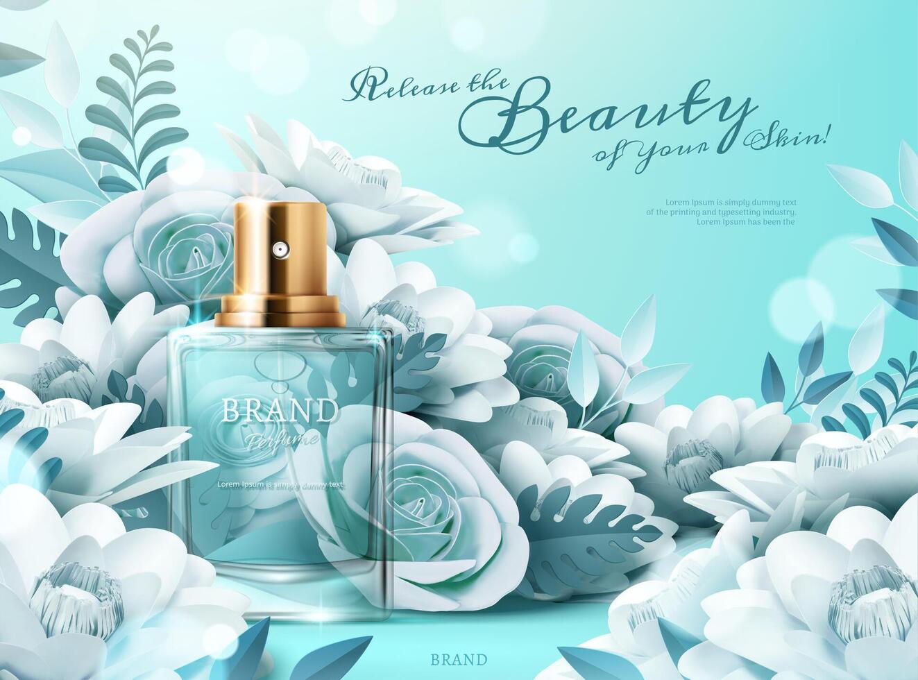 Perfume ads with light blue paper flowers in 3d illustration vector